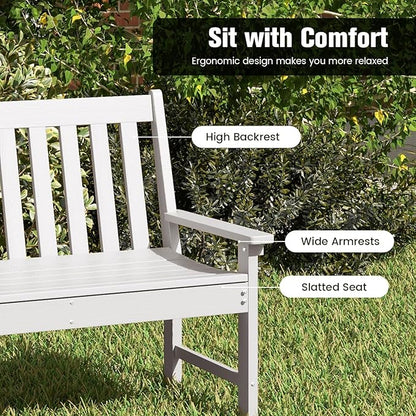 Tangkula HDPE Outdoor Garden Bench with Backrest, 2-Person All-Weather Patio Loveseat Chair with Slatted Seat, 705 lbs Weight Capacity, Patio Benches for Balcony, Garden, Porch, Backyard & Park, White
