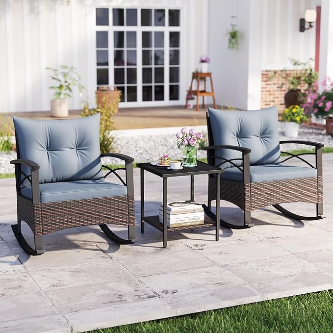 ORALNER 3-Piece Wicker Rocking Chair Set, Outdoor Cushioned Rocker and Acacia Wood Side Table, 400lbs Capacity, PE Rattan Patio Conversation Bistro Set for Porch, Garden, Deck, Poolside, Yard (Gray)