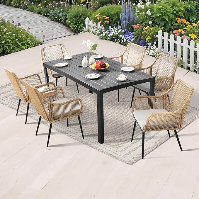 Patio Dining Chairs, Outdoor Dining Chairs with Armrest and Cushion Set of 6, Woven Twisted Wicker Rattan Chair, Modern Indoor Outdoor Seating for Garden, Lawn, Backyard, Natural