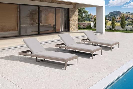 PURPLE LEAF Outdoor Chaise Lounge Set of 3 Aluminum Adjustable Patio Lounger Chairs with Cushions Reclining Beach Daybed for Poolside Balcony Deck Backyard, Champagne