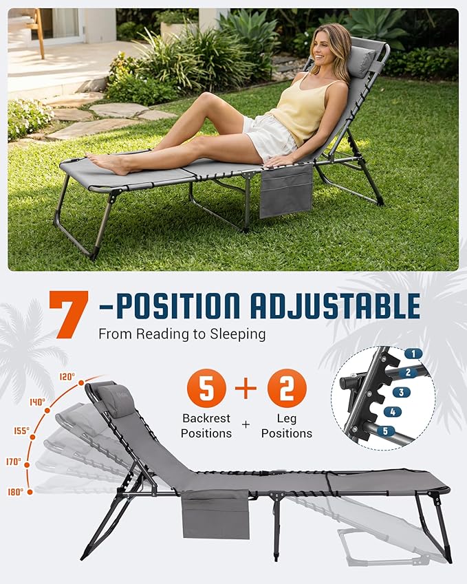 KingCamp Lounge Chair with face Hole, 400LBS Tanning Chairs for Outside, Adjustable 5-Position Beach Lounge Chairs Folding Sun Tanning Chair for Outside Beach Patio Sun Bathing Pool Backyard