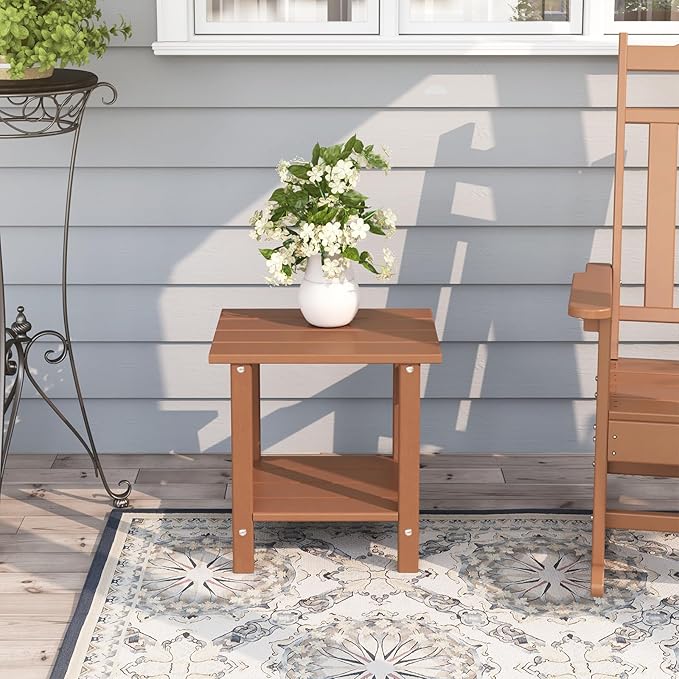 Adirondack Outdoor Side Table, 16.6" Small Patio End Table, 2-Tier HDPE Plastic Table for Poolside Porch Garden, Weather Resistant & Easy Assembly (Teak, Rectangle)