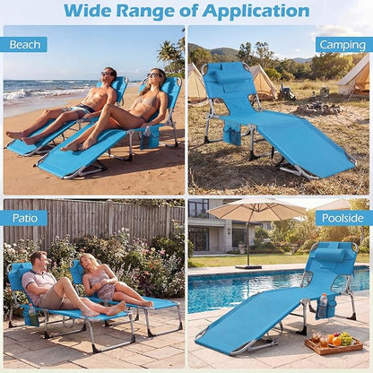 GYMAX Tanning Chair with Face Hole, Sun Bathing Lounge Chairs for Outside with Side Pocket, Folding Portable Face Down Layout Tanning Chair Beach, Backyard, Poolside, Lawn (Blue,1)