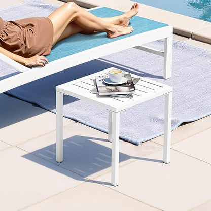 Crestlive Products Aluminum Outdoor Side Table, Pool Lounge Chair Side Table, Weather Resistant Small Square Coffee End Table for Patio, Yard, Garden, Porch, Deck, Indoor, Outdoor (White)