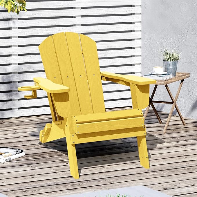 LOUNZY Folding Adirondack Chair with Cup Holder, HDPE All-Weather Folding Patio Chair - Photo 6