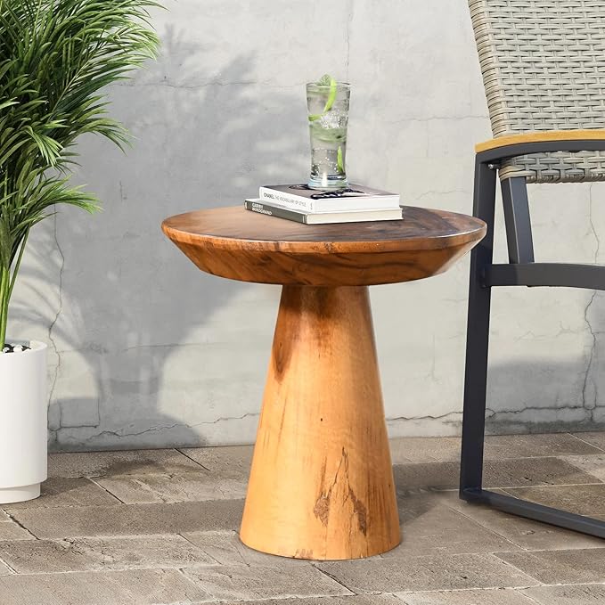 Mushroom Side Table, Teak Stool, Natural Plant Stand, 14" Tall Wood Round Coffee Table for Living Room, Bedroom, Garden, Yard