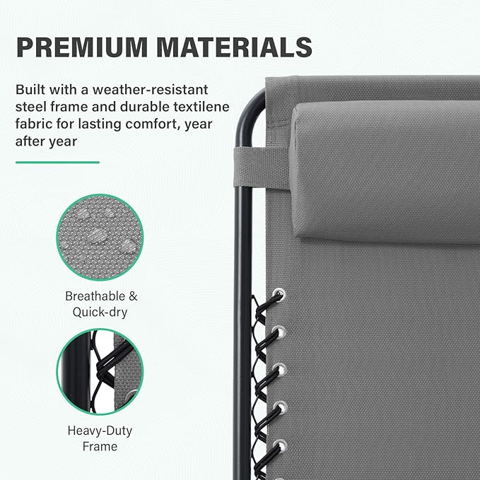 JEAREY Oversized Zero Gravity Lounge Chairs Set of 2, Adjustable Steel Mesh Recliners with Pillows and Cup Holder Trays for Patio, Garden, Beach, Light Grey