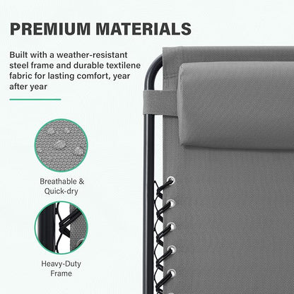 JEAREY Oversized Zero Gravity Lounge Chairs Set of 2, Adjustable Steel Mesh Recliners with Pillows and Cup Holder Trays for Patio, Garden, Beach, Light Grey