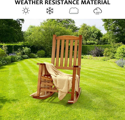 Wooden Oversized Porch Rocker Chair with High Back and Armrest, All Weather Slatted Rocker for Backyard, Garden, 400 lbs Support, Natural