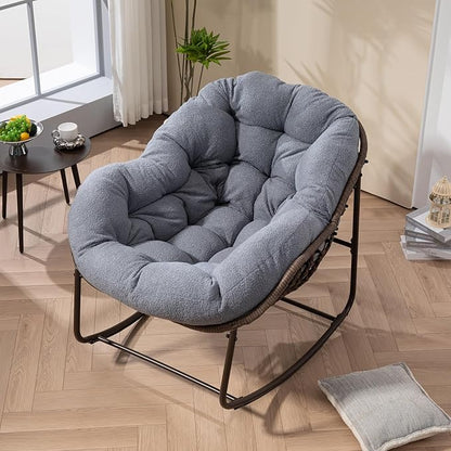 Large Indoor Rocking Chair, Oversized Rocking Papasan Chair with Thick Cushion and Frame,Comfy Teddy Rocker Wicker Egg Chairs Lounge Reading Chair for Living Room, Bedroom, Apartment, Dark Grey