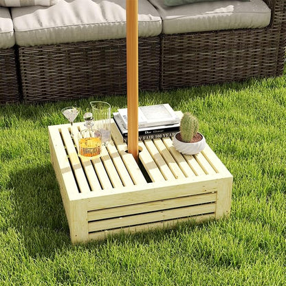 Wooden Outdoor Coffee Table with Umbrella Hole, 24.4 x 24.4 inches, Umbrella Base Stand Storage Box Design, Fir Wood (Natural)