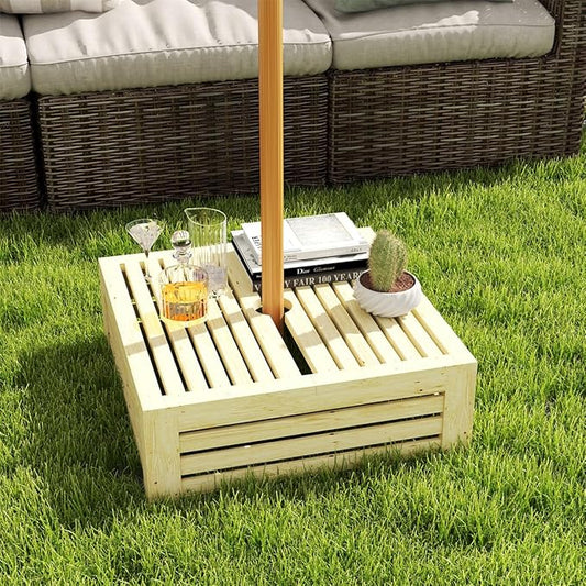 Wooden Outdoor Coffee Table with Umbrella Hole, 24.4 x 24.4 inches, Umbrella Base Stand Storage Box Design, Fir Wood (Natural)