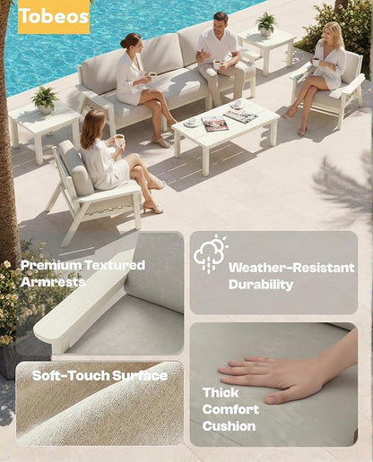 HDPE 5 Piece Patio Furniture Set, Outdoor Couch with Washable Thick Beige Cushions & Coffee Table & Side Table, Outdoor Sectional Furniture for Backyard, Deck, Lawn, Porch (White Frame)