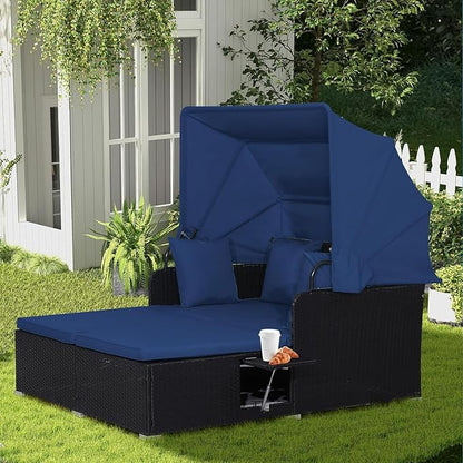 RELAX4LIFE Patio Outdoor Daybed with Canopy, Wicker Sunbed w/Cushions, 4 Pillows & 2 Retractable Side Trays, 2-Person Lounge Bed Conversation for Poolside Porch Garden, Rattan Outdoor Bed (Navy)