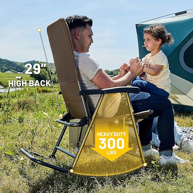 TIMBER RIDGE Outdoor Folding Rocking Chair, 29" Padded High Back Neck & Back Support, Hard Armrests for Easy Stand Up, Stable Steel Frame Supports 300 lb, Quick Fold for Patio, Lawn & RV Camping,Brown