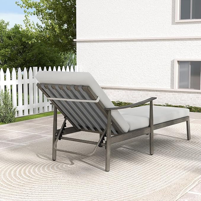 HAPPATIO Outdoor Chaise Lounge Chair Set of 2, Aluminum Pool Chair with Adjustable Backrest and Cushion, Curved Armrest, Outdoor Lounge Chair for Beach, Yard, Poolside (Grey)
