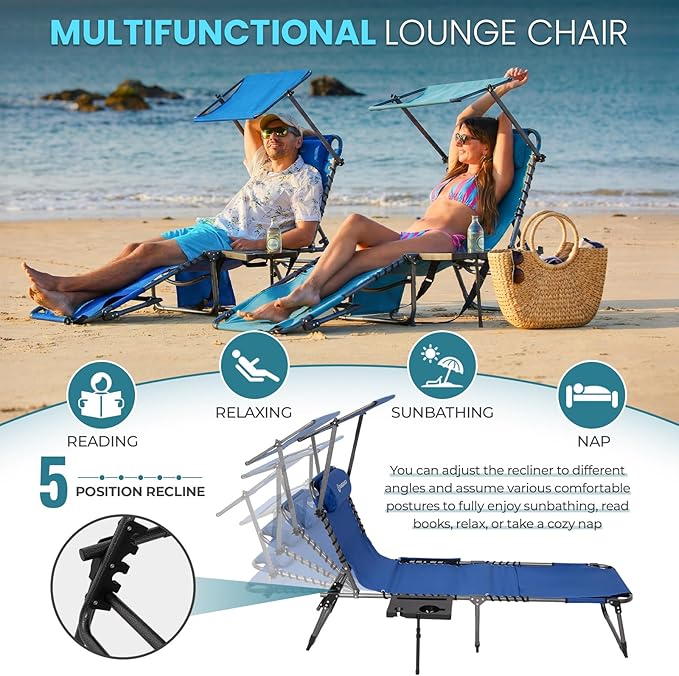 FUNDANGO 400lbs Tanning Chair with Face Hole & Canopy & Side Table, 5 Positions Beach Sunbathing Lounge Chair Facedown Chaise Lounge with Pillow for Pool Outdoor Camping Patio, Set of 2 Blue