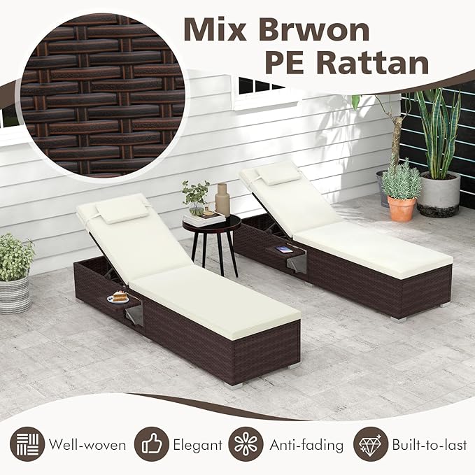 Tangkula Patio Chaise Lounge Set of 2, Outdoor Rattan Lounge Chair with 6-Level Backrest, Comfy Seat Cushion & Headrest - Photo 8