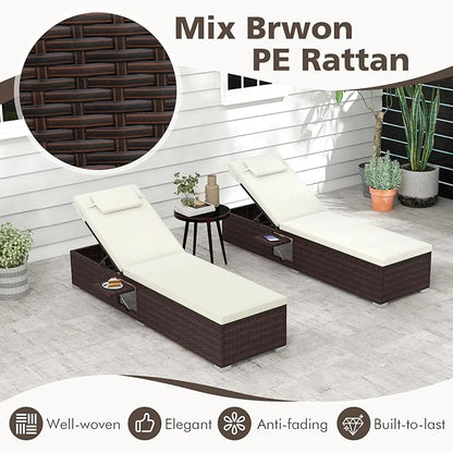 Tangkula Patio Chaise Lounge Set of 2, Outdoor Rattan Lounge Chair with 6-Level Backrest, Comfy Seat Cushion & Headrest, Sturdy Metal Frame, Outside Reclining Chair for Backyard (2, Off White)