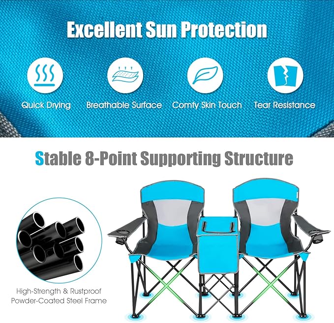 S AFSTAR Double Camping Chair w/Shade Canopy, 2-Person Folding Camp and Beach Chair with Mini Table Beverage Cup Holder Carrying Bag, Collapsible Camping Chairs for Garden Patio Pool Beach