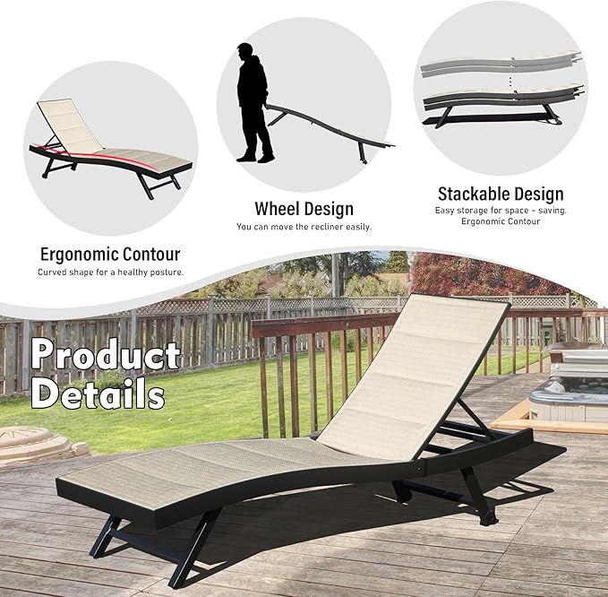 Domi Outdoor Chaise Lounge Set of 2, Aluminum Patio Lounge Chairs with Wheels, Pool Lounge Chair Oversized Lounger for Patio Pool Beach Sunbathing, Beige