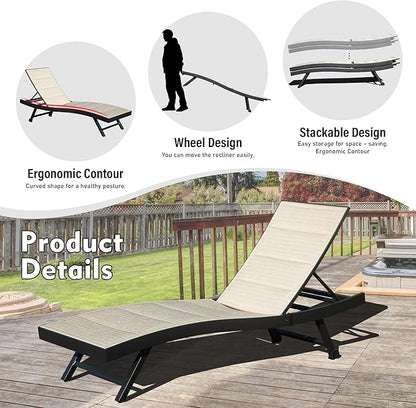 Domi Outdoor Chaise Lounge Set of 2, Aluminum Patio Lounge Chairs with Wheels, Pool Lounge Chair Oversized Lounger for Patio Pool Beach Sunbathing, Beige