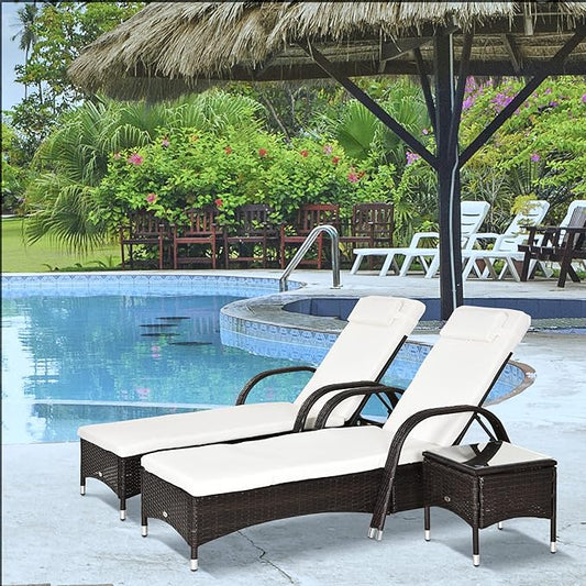 Outsunny Wicker Outdoor Chaise Lounge Chair Set of 3 with Side Table, 5-Level Adjustable Backrest PE Rattan Pool Lounge Chair with Wheels, Cushion & Headrest, Brown and Cream White