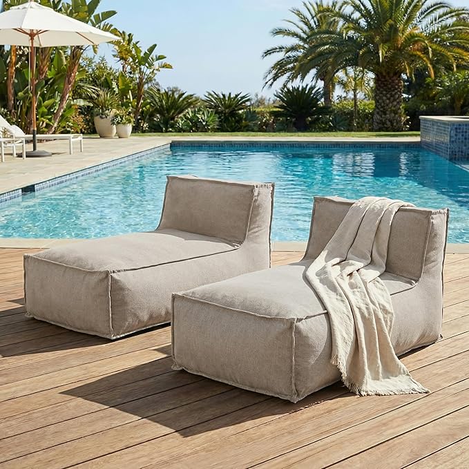 Merax Outdoor Bean Bag Lounge Chairs Set of 2, 61" Outdoor Chaise Lounger Chair with Foam Filled, Cozy Outdoor Bean Bag Couch for Patio Pool Desk, Water-Resistant Fabric Sun Lounger Chair, Beige