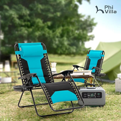 PHI VILLA Zero Gravity Chair Set of 2, Padded Anti Gravity Recliner, Oversized 28" Wide Seat, Foldable Patio Lounger with Armrest & Cup Holder, Supports 400 LBS (Aqua)