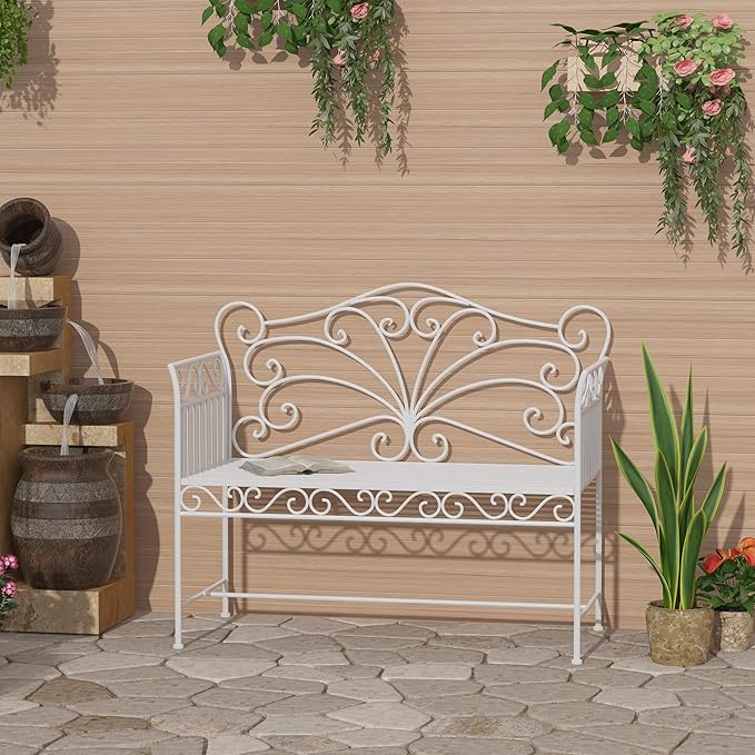 Outsunny 43" Garden Bench, Outdoor Patio Bench with Armrests, Metal Porch Bench for Backyard, Poolside, Lawn, Cream White