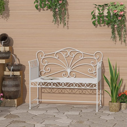 Outsunny 43" Garden Bench, Outdoor Patio Bench with Armrests, Metal Porch Bench for Backyard, Poolside, Lawn, Cream White