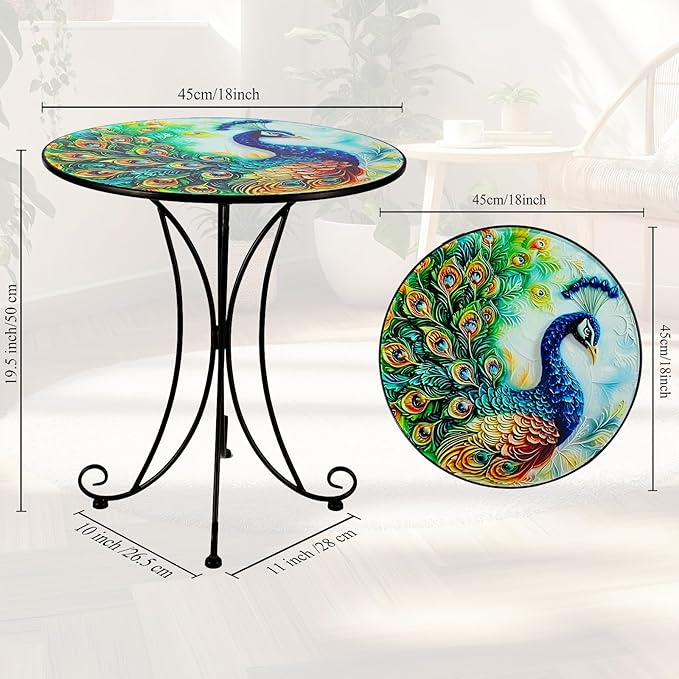 18 Inch Outdoor Side Table, Peacock Metal Accent Table, Indoor Small Round End Tables - Photo 3