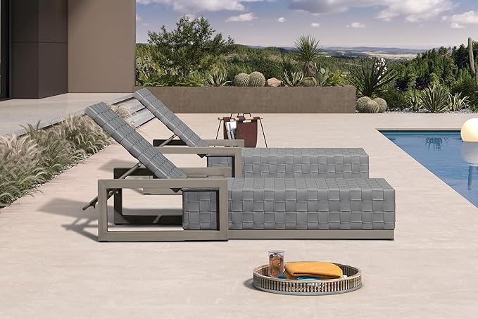 PURPLE LEAF Outdoor Chaise Lounge Set of 2, PU Leather Patio Lounge Chair Aluminum Pool Lounge Chairs with 5-Position Adjustable Backrest for Pool, Deck, Garden, Sunbathing, Grey