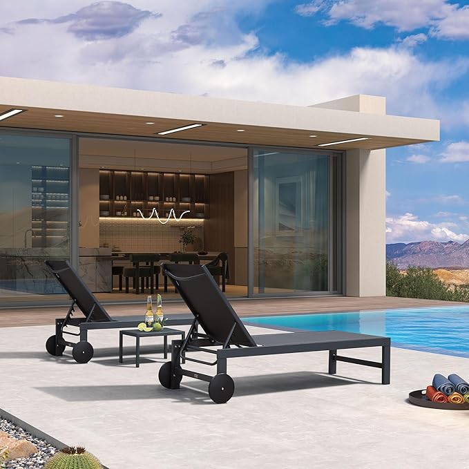 PURPLE LEAF Patio Lounge Chair Set for 2 Outdoor Chaise Lounge with Adjustable Backrests and Wheels Aluminum Reclining Pool Chair for Outside Yard Poolside Table Included, Dark Grey
