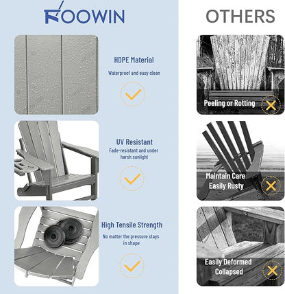 FOOWIN Folding Adirondack Chair, HDPE Adirondack Chairs with Cup Holder, Weather Resistant Plastic Fire Pit Chairs for Outdoor, Patio, Lawn, Garden, Backyard, Deck, White Grey
