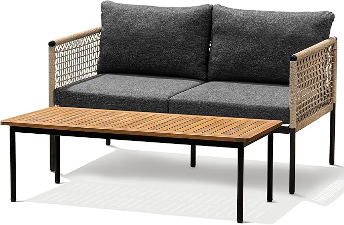 Idzo Oscar Wicker Metal Loveseat with Coffee Table – Black, 2-Seater Outdoor Sofa Set for Small Patios - Photo 1
