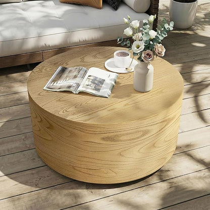 UPHA 28" Round Outdoor Coffee Table, Modern Hollow Concrete Patio Table, Small Minimalist Low Accent Table for Living Room, Balcony, Deck, Backyard, Natural Wood Finish
