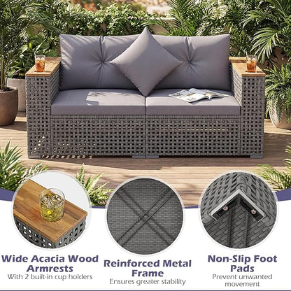 Tangkula 62.5" Large Patio Wicker Loveseat with Acacia Wood Armrests & Cup Holders, Outdoor 2-Piece Rattan Corner Sofa with Cushions, Sectional Conversation Set for Garden Backyard Porch Balcony, Grey
