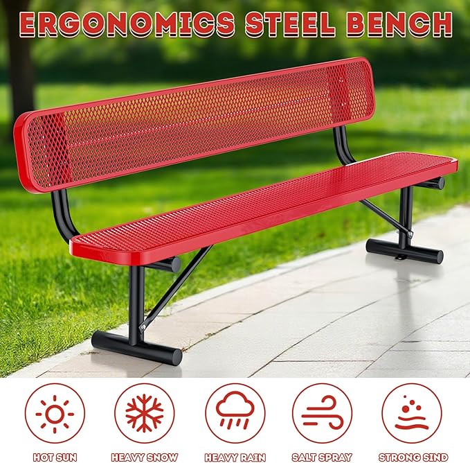 Heavy Duty Park Bench for Outside, Metal Park Bench with Back Portable Frame, Outdoor Steel Mesh Garden Bench with Backrest for Garden, Lawn, Patio, Porch, Park, Yard (Red, 6FT/73INCH)