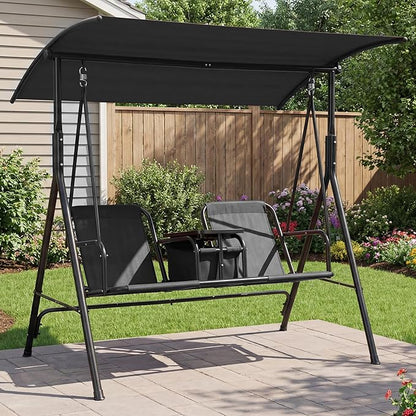 Porch Swing with Cup Holders & Pivot Storage Table & Cooler Bag with Adjustable Canopy for 2 Person Patio Swing for Backyard Balcony Poolside Black