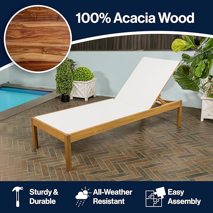 JONATHAN Y LNG1001A Lagunan 77.56"x26.38" Modern Minimalist Adjustable Acacia Wood Chaise Outdoor Lounge Chair Coastal, Transitional, Classic, Mid-Century, Contemporary, White/Natura