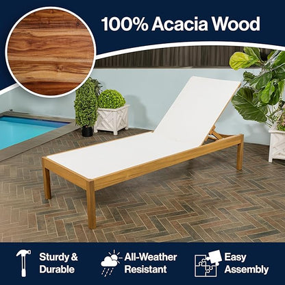 JONATHAN Y LNG1001A Lagunan 77.56"x26.38" Modern Minimalist Adjustable Acacia Wood Chaise Outdoor Lounge Chair Coastal, Transitional, Classic, Mid-Century, Contemporary, White/Natura