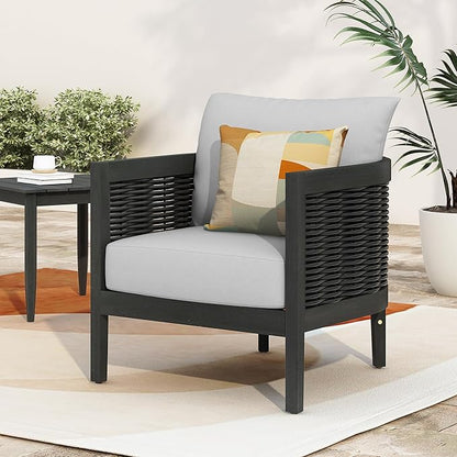 Merax Single Outdoor Acacia Wood Wicker Club Chair with Cushion,Patio Furniture Conversation Seat for Garden