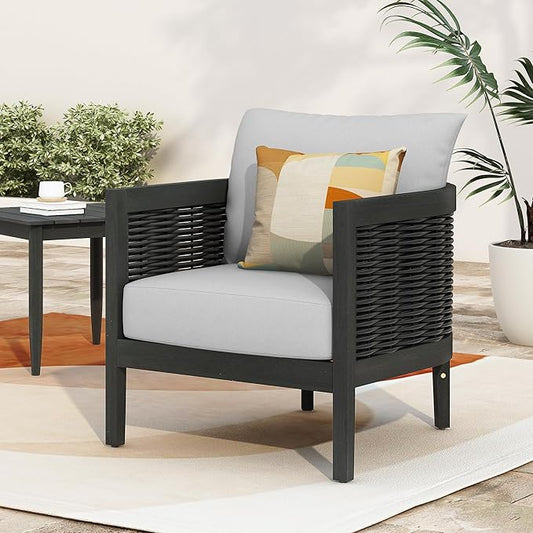 Merax Single Outdoor Acacia Wood Wicker Club Chair with Cushion,Patio Furniture Conversation Seat for Garden