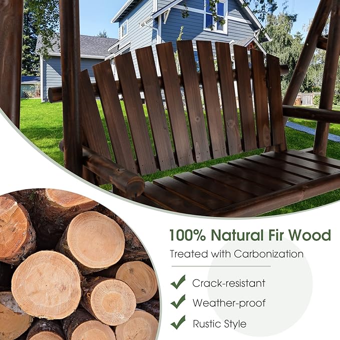 Tangkula Wooden Porch Swing, 2 Person A-Frame Outdoor Swing with Adjustable Canopy, Armrest, 2 Side Tables - Photo 3