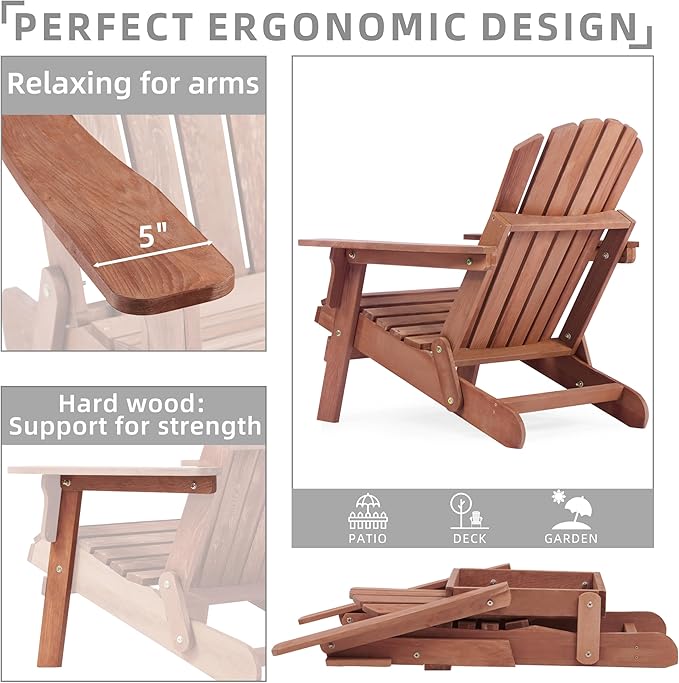 Oversize Wooden Outdoor Folding Adirondack Chair with Pre-Assembled BackRest & SeatBoard, Wood Patio Chair for Garden Backyard Porch Pool Deck Firepit