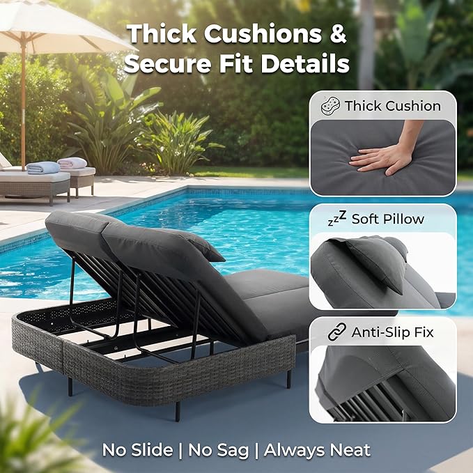 NICESOUL Double Chaise Lounge Outdoor, 51.2" Wide 2-Person Daybed with Independent Recline - Photo 6