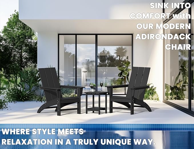 Modern Adirondack Chair, HDPE Plastic Patio Chairs for All Weather, Fire Pit Chair, Outdoor Lawn Chairs for Deck, Porch, Backyard, Garden, Black
