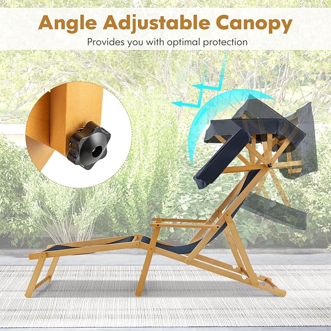 Giantex Lounge Chair Outdoor, Foldable Beach Chaise Lounge with Adjustable Canopy, Replacement Fabric, Wood Frame, Reclining Backrest & Footrest, Camping Chair for Patio, Poolside, Beach (1, Navy)