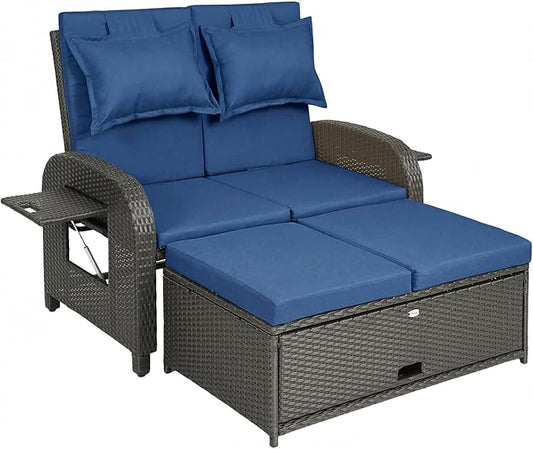 Outsunny Patio Rattan Daybed, Wicker Outdoor Daybed with Storage Ottoman, Loveseat Sofa with Adjustable Backrest, Side Tables, Cushions, Headrests, Double Sunbed Lounger for Balcony, Navy Blue